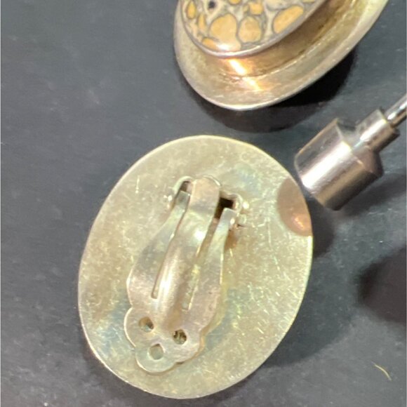 Vtg Natural Leopard Skin Jasper Cabochon Sterling Silver Clip Earrings Artisan - Picture 7 of 10